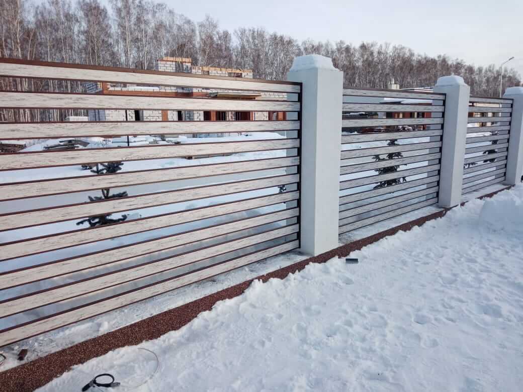 забор-ранчо из металлопланкена 130м каштан красный + беленый дуб фото4 в Туркестане