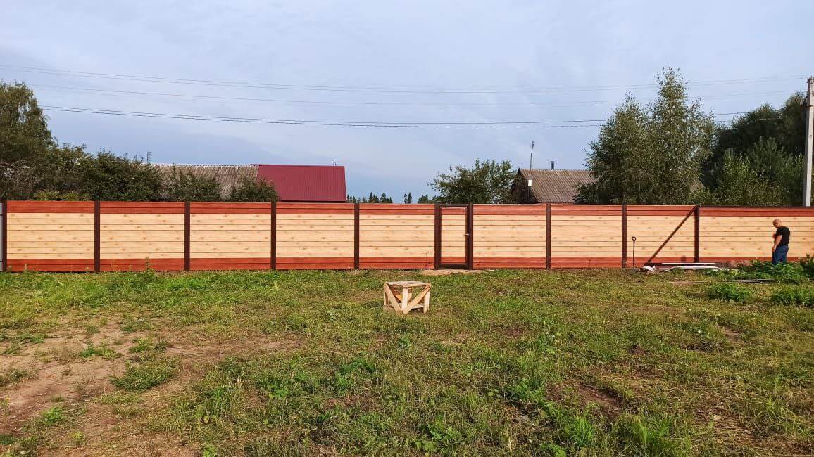 Забор из металлосайдинга Евро-Брус 34м Клен Светлый (SteelArt) + Темное Дерево (Printech) фото 2 в Туркестане
